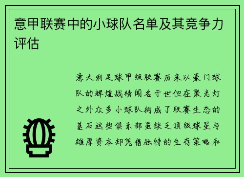 意甲联赛中的小球队名单及其竞争力评估